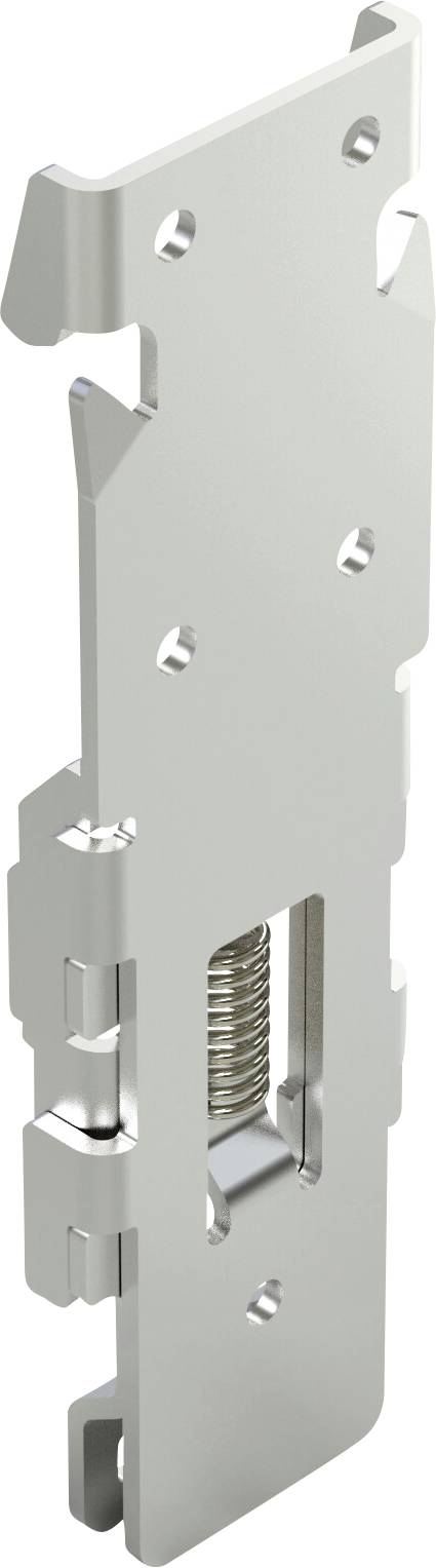 Metallmontageklammer mit Federmechanismus, ausgestattet mit mehreren Schraubenlöchern zur Befestigung; wird für sichere mechanische Installationen verwendet.