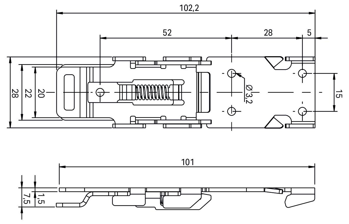 Technische Zeichnung eines Verschlussmechanismus zeigt Abmessungen: Länge 102,2 mm, Breite 28 mm, mit einer zentral angeordneten Federkomponente.