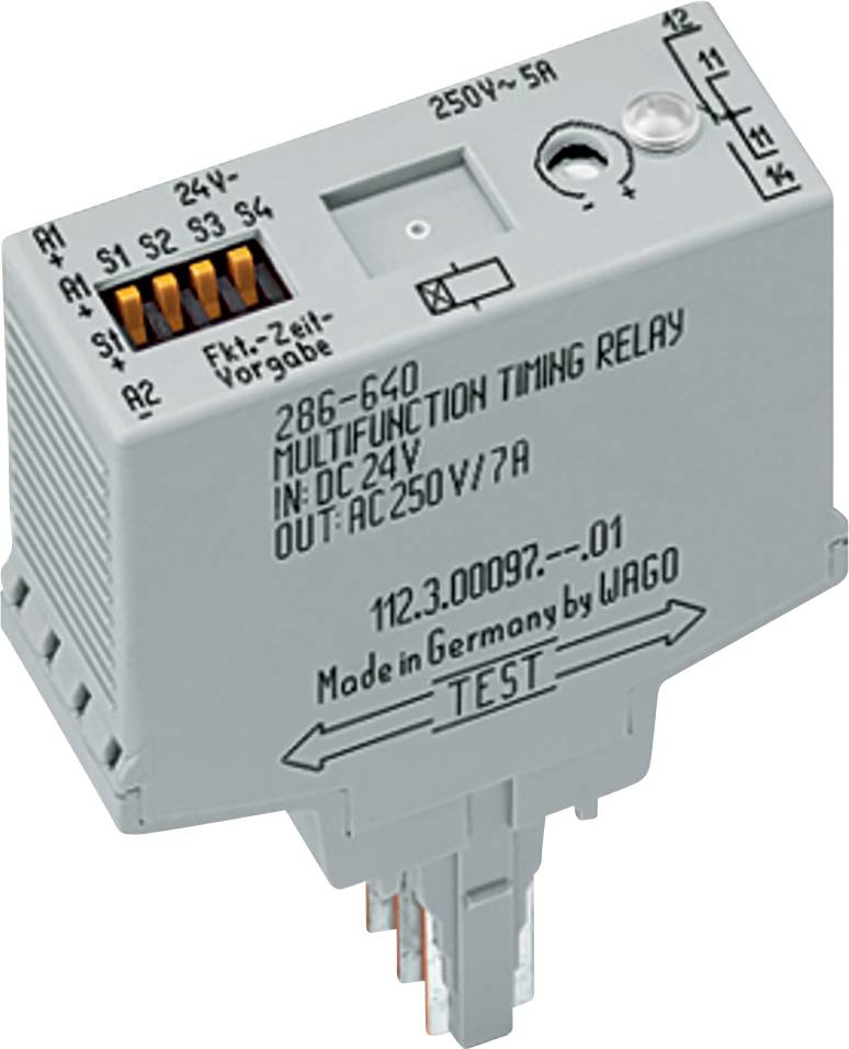 Multifunktionales Zeitrelais, 24V Eingang, 250V/7A Ausgang, Modell 286-640 von WAGO. Ausgestattet mit Schaltern für Einstellungen, hergestellt in Deutschland.