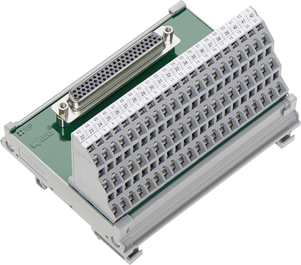 Ein Klemmenleistenmodul mit mehreren Anschllusspunkten, auf einer DIN-Schiene montiert, mit gekennzeichneten Klemmen für organisierte Verdrahtung.