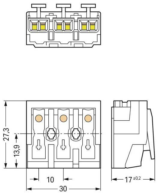 Technisches Schaubild eines Anschlussblocks mit drei Schraubklemmen, das Draufsicht und Seitenansicht mit gekennzeichneten Abmessungen zeigt: 27,3 x 30 x 13,9 mm.