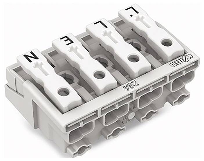 Ein grauer WAGO-Elektrostecker mit vier weißen Hebeln mit den Bezeichnungen „L
