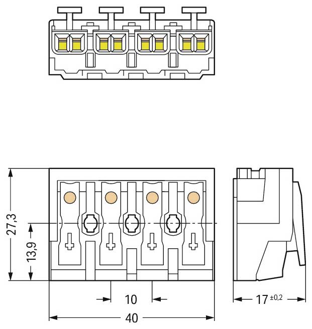 Schaltplan für Elektrostecker mit Abmessungen: 27,3mm Höhe, 13,9mm Breite und 40mm Länge. Draufsicht und Seitenansicht enthalten.