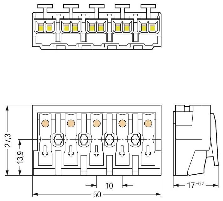 Technisches Schaltbild eines fünfteiligen Anschlussblocks mit detaillierten Abmessungen: 40 mm Breite, 13,9 mm Höhe und 27,3 mm Länge.