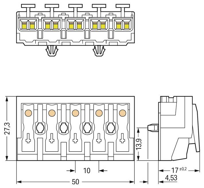 Technische Zeichnung eines fünfteiligen Anschlussklemmenblocks, Abmessungen: 50 mm Länge, 27,3 mm Höhe und 13,9 mm Tiefe, mit gekennzeichneten Schlitzen.
