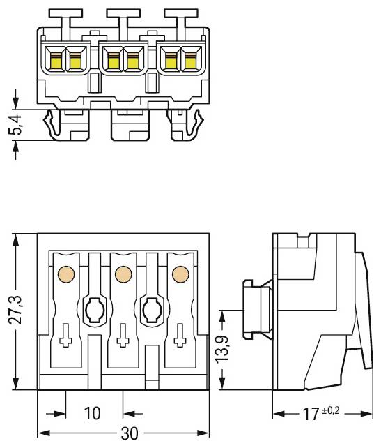 Technische Zeichnung einer dreipoligen Klemmenleiste mit Maßangaben: Breite 30mm, Höhe 27,3mm, Tiefe 13,9mm.