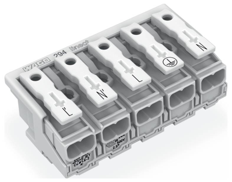 Electrical connector block with five labeled terminals: 'L'', 'N'', 'L'', 'Earth', and 'N'. Used for wiring connections.