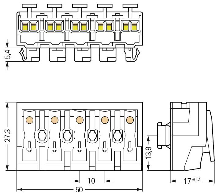Technische Zeichnung einer 5-poligen Anschlussleiste für elektrische Stecker mit den Abmessungen: Länge 50 mm, Breite 10 mm, Höhe 17±0,2 mm.