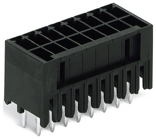 Ein schwarzer rechteckiger elektrischer Stecker mit mehreren Metallstiften, die in zwei Reihen angeordnet sind, und der zum Verbinden elektronischer Schaltkreise ausgelegt ist.