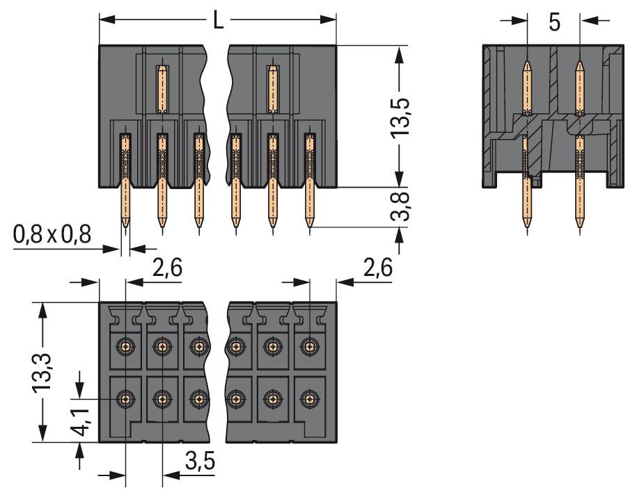 Diagramm zeigt die Abmessungen eines 5-poligen elektronischen Steckers: 50 mm Breite, 27,3 mm Höhe und 13,9 mm Tiefe mit gekennzeichneten Komponenten.
