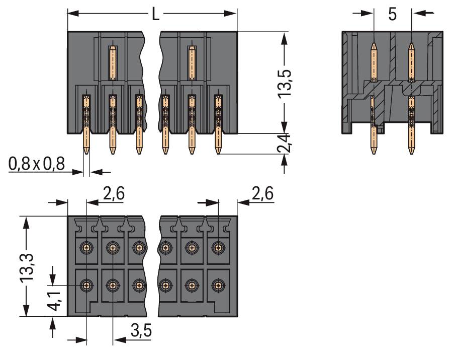 Technische Zeichnung eines Steckverbinders mit den Abmessungen: 0,8x0,8, L, 2,6, 13,5, 13,3, 5, 4,1 und 3,5 Einheiten; Draufsicht, Seitenansicht und Vorderansicht.