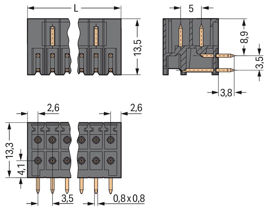 Diagramm eines Steckers mit zwei Ansichten: Vorderansicht mit vier Anschlussplätzen und Seitenansicht mit Abmessungen von 23 mm x 16,5 mm.
