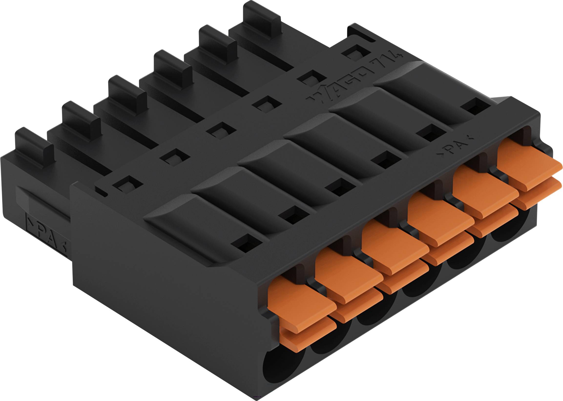 Ein schwarz-orange mehrpoliger elektrischer Stecker mit acht Anschlüssen, Schrägansicht, die das detaillierte Design für technische Analyse zeigt.