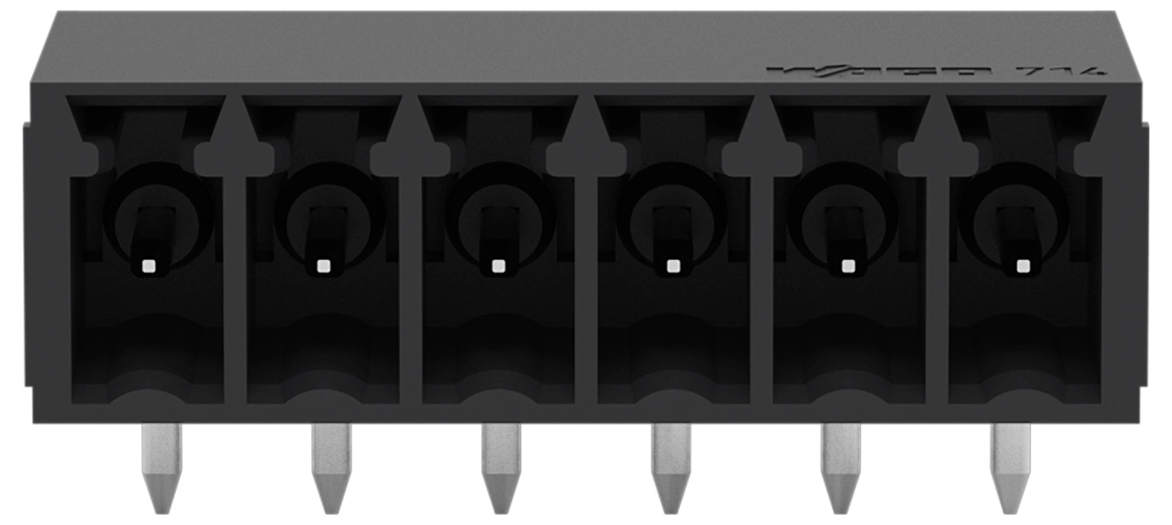Ein schwarzer sechspoliger Stecker mit Doppelleitungseingang, geeignet für die Platinenmontage.