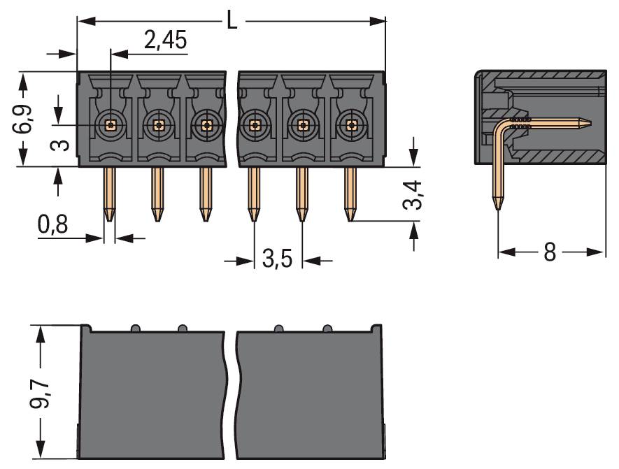 Diagramm eines 5-poligen Elektrosteckers mit Abmessungen. Draufsicht: L beträgt 2,45, Breite beträgt 6,9, Höhe beträgt 3,4. Seitenansicht: Stiftlänge beträgt 8.