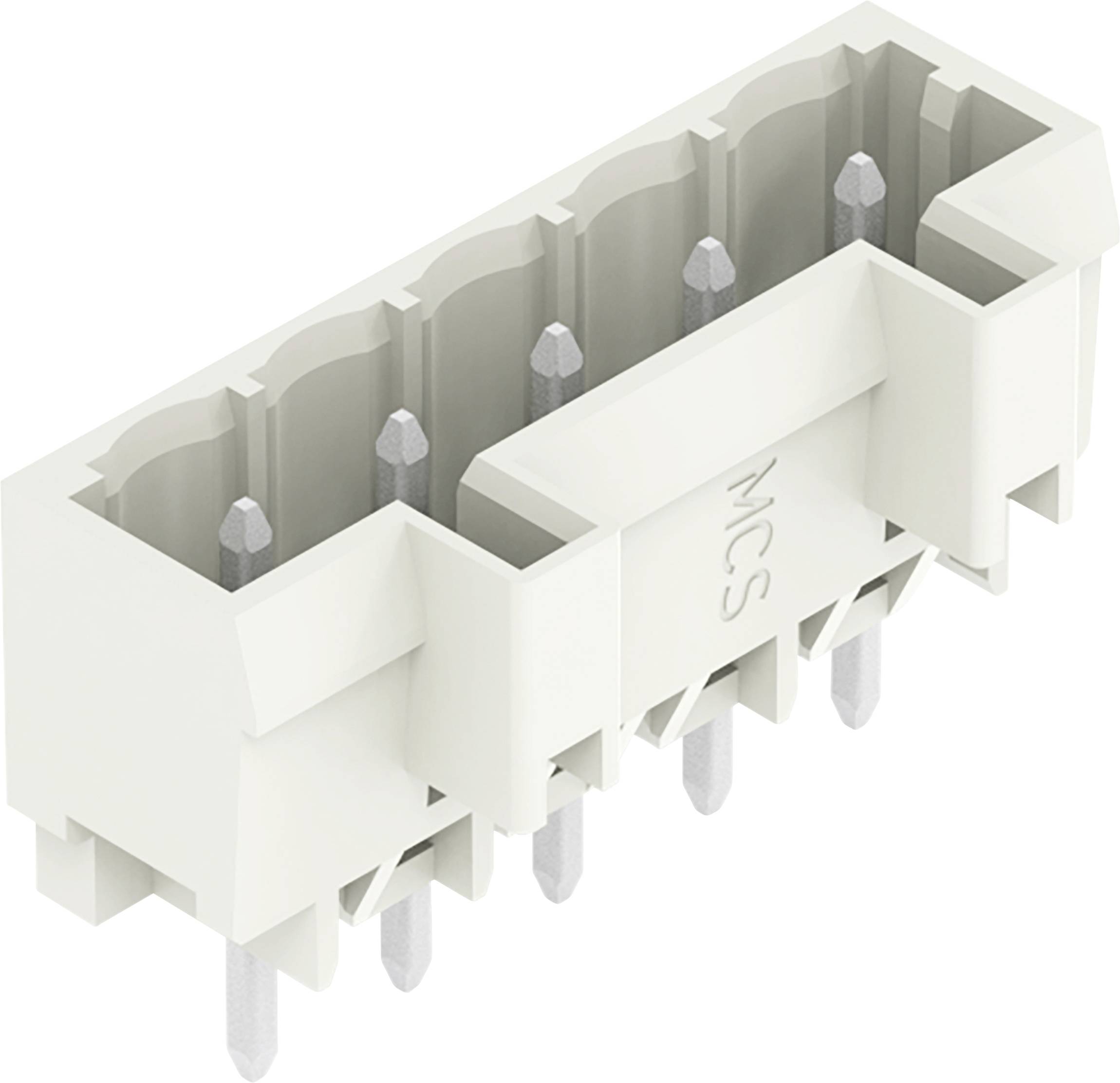 Ein weißer elektrischer Stecker mit fünf Steckplätzen und hervorstehenden Metallstiften auf der Unterseite, gekennzeichnet mit 'MCS'.