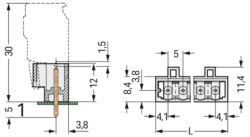Diagramm mit den Abmessungen eines dreipoligen elektrischen Steckers: Höhe 30 mm, Breite 12 mm, Terminalabstand 5 mm, verschiedene Messungen.