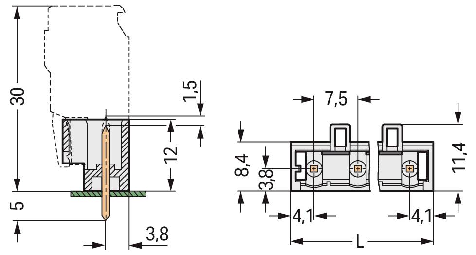 Technisches Diagramm eines orangefarbenen Steckers mit Maßangaben: Breite 2,8 mm, Höhe 3,1 mm, Länge 8,5 mm. Enthält Seiten- und Draufsicht.