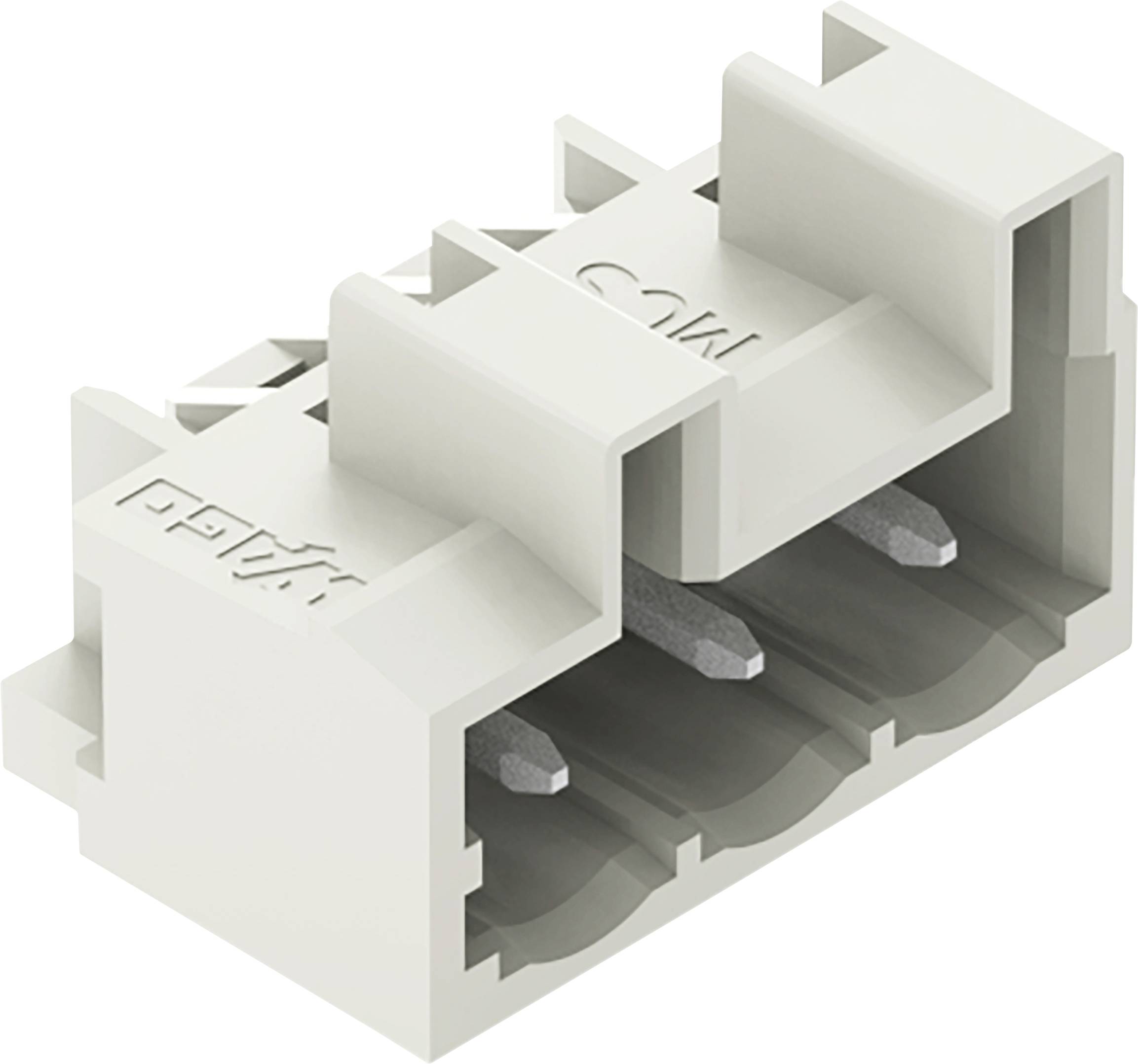 Ein weißer Kunststoff-Elektrostecker mit drei Metallstiften, der zum Verbinden von Drähten in elektronischen Geräten verwendet wird.