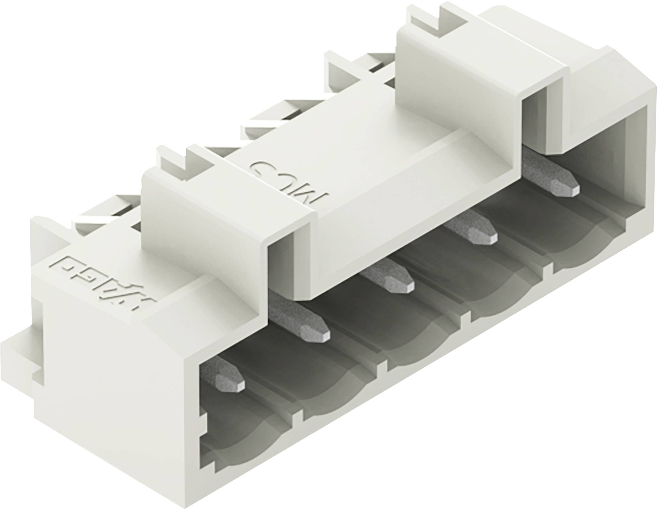 Weißer Kunststoff-Elektrostecker mit vier Schlitzen, ausgelegt für die Leiterplattenmontage, mit Metallkontakten in jedem Schlitz.