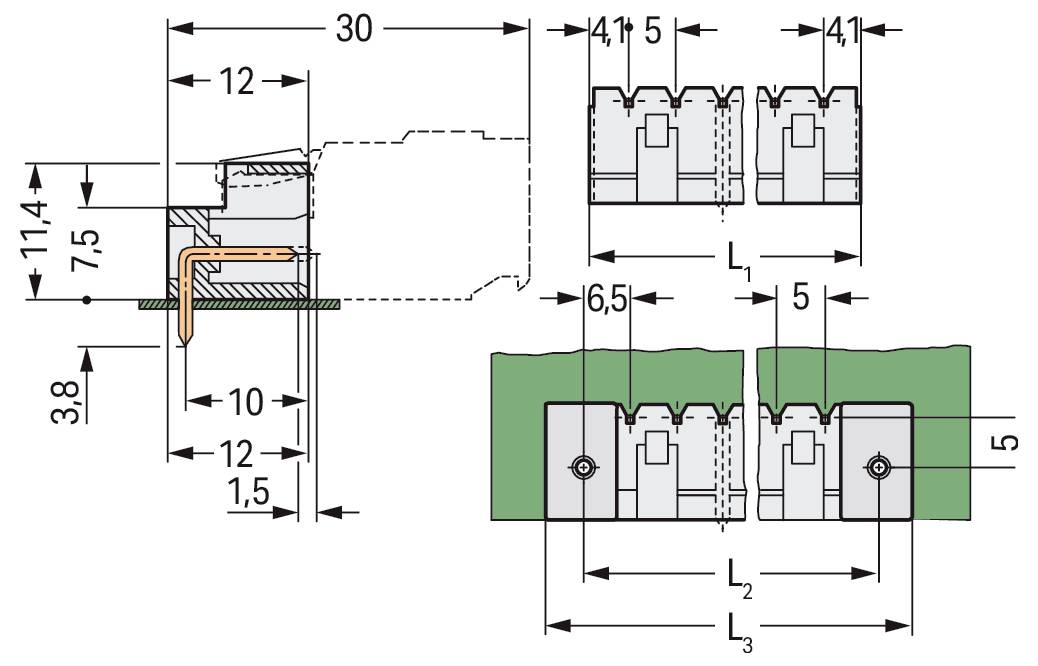 Technische Zeichnung mit Abmessungen und Anordnung einer mechanischen Komponente. Enthält mehrere Ansichten und Messwerte in Millimetern.