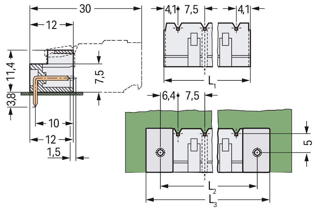 Technisches Diagramm mit Steckermaßen: 30mm Breite, 6,4mm bis 7,5mm Höhe und 5mm Tiefe, mit detaillierten Abmessungen.