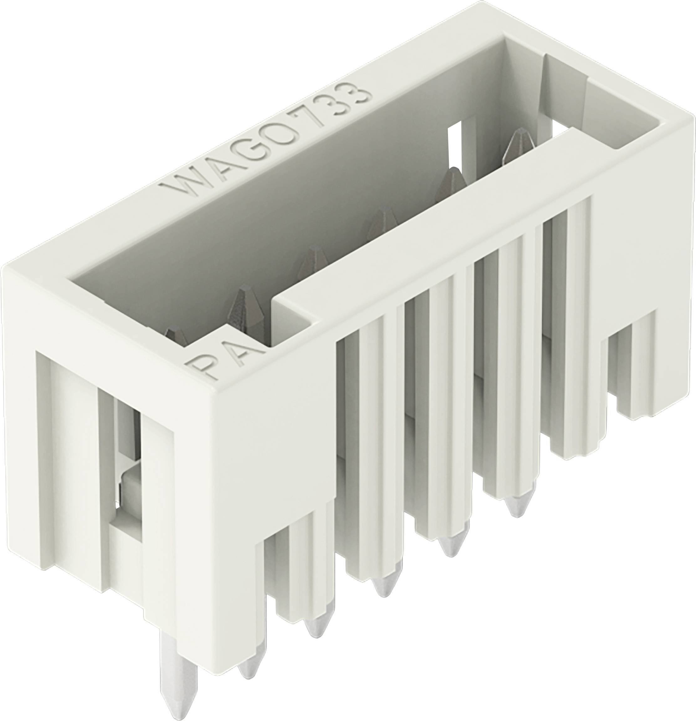 Ein weißer Elektrostecker mit der Bezeichnung „WAGO 733