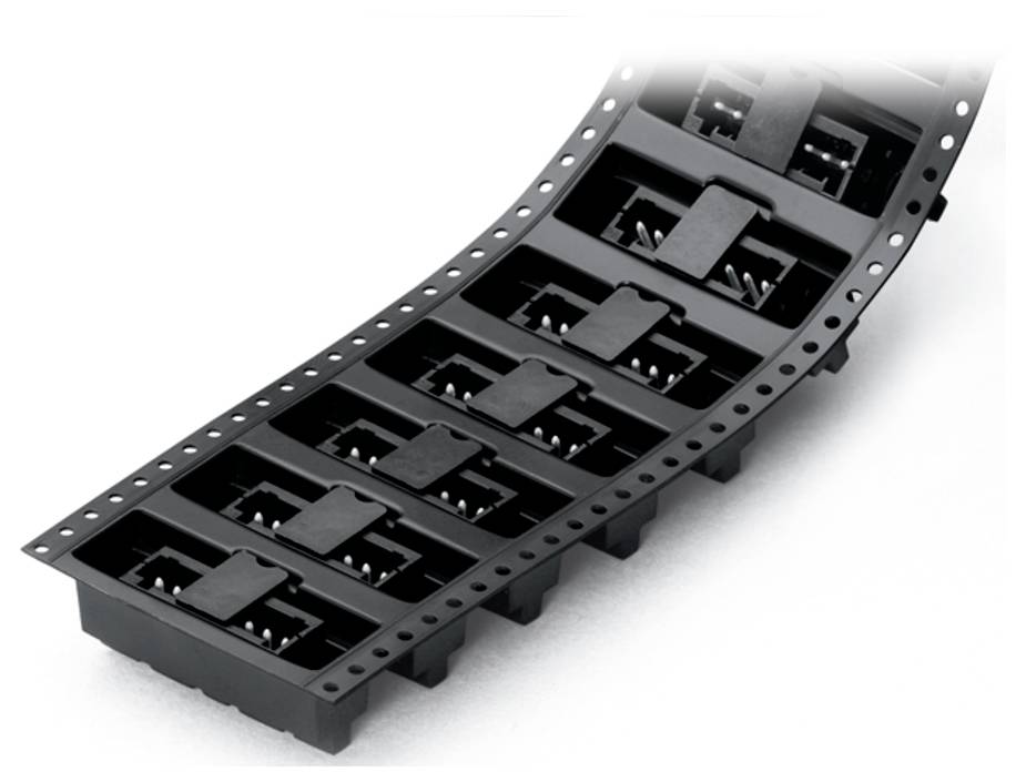 „Illustration zeigt eine Reihenklemme mit Vorder- und Seitenansicht. Wichtige Abmessungen sind gekennzeichnet, darunter Breite, Höhe und Stiftabstand.