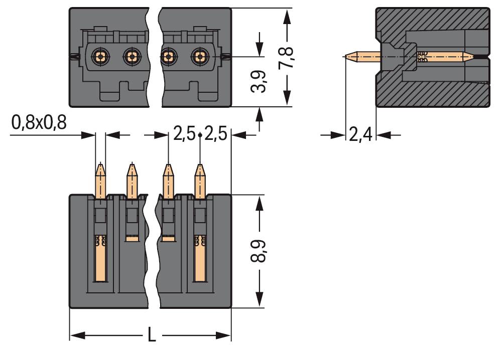 Diagramm eines Steckers mit drei Stiften, das Messungen anzeigt: Breite 0,8 mm, Länge 8,9 mm, Höhe 7,8 mm und Abstand 2,5 mm.