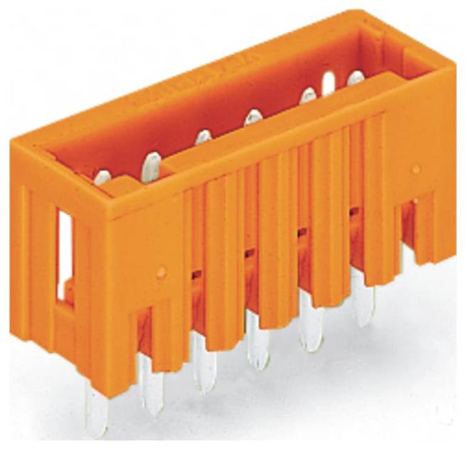 Ein orangefarbiger Kunststoffstecker mit mehreren Metallkontakten für elektronische Schaltungen.