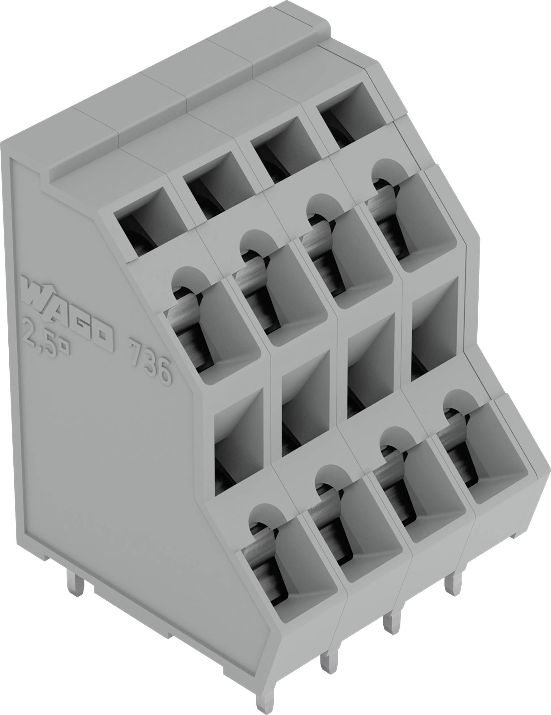 Ein grauer Reihenklemmen-Steckverbinder mit vier Paaren von Drahtschlitzen, konzipiert für elektrische Verbindungen, gekennzeichnet mit „WAGO 2,5 736