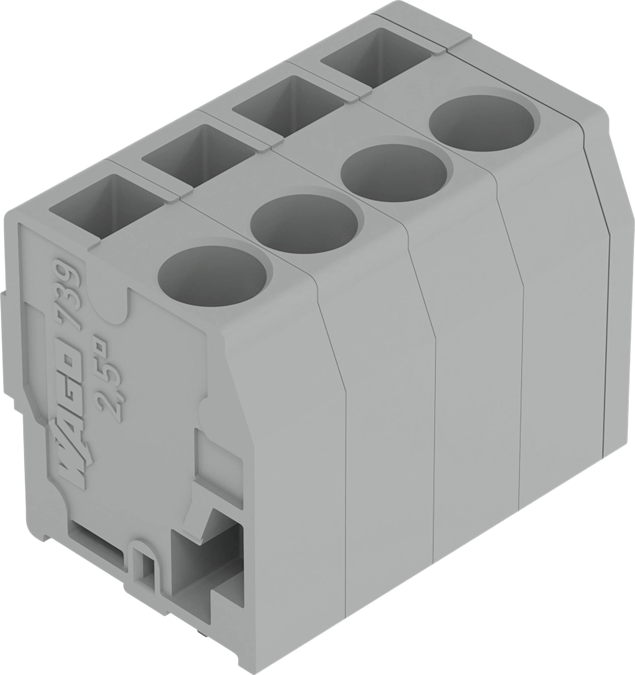 Ein graues Klemmleisten-Gehäuse mit vier Anschlussplätzen für elektrische Verbindungen, gekennzeichnet mit „2,5