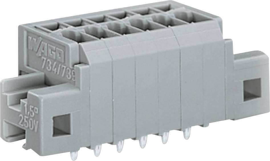 Ein graues Klemmleistenmodul mit mehreren Anschlußpunkten, gekennzeichnet mit 'WAGO 734/739', mit einer Belastbarkeit bis zu 250V.