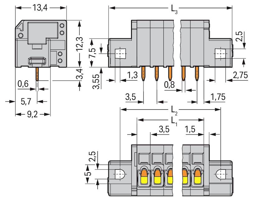 Technisches Diagramm mit Abmessungen einer elektronischen Komponente: Seiten- und Draufsicht mit Messwerten von 19,4 mm, 19 mm, 5 mm und 15 mm.