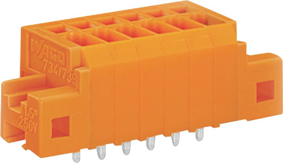 Orangefarbener elektrischer Stecker mit acht Pins und eingraviertem Text „Wago 734-738