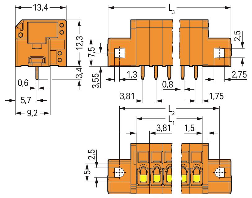Technische Zeichnung einer elektronischen Komponente mit Abmessungen in Millimetern, zeigt Vorder- und Seitenansicht, einschließlich Stift- und Gehäusedetails.