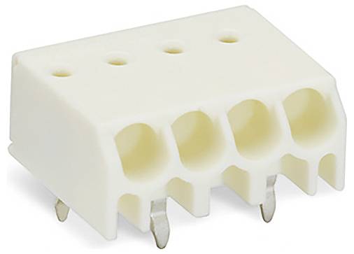 Ein beiger, rechteckiger Elektrostecker mit vier Drahtschlitzen und Metallstiften zur Montage auf einer Leiterplatte.