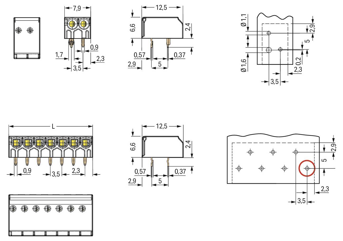 Technische Zeichnungen einer elektrischen Komponente mit Abmessungen und Messwerten. Vorder-, Seiten- und Draufsichten sind mit beschrifteten Abmessungen dargestellt.