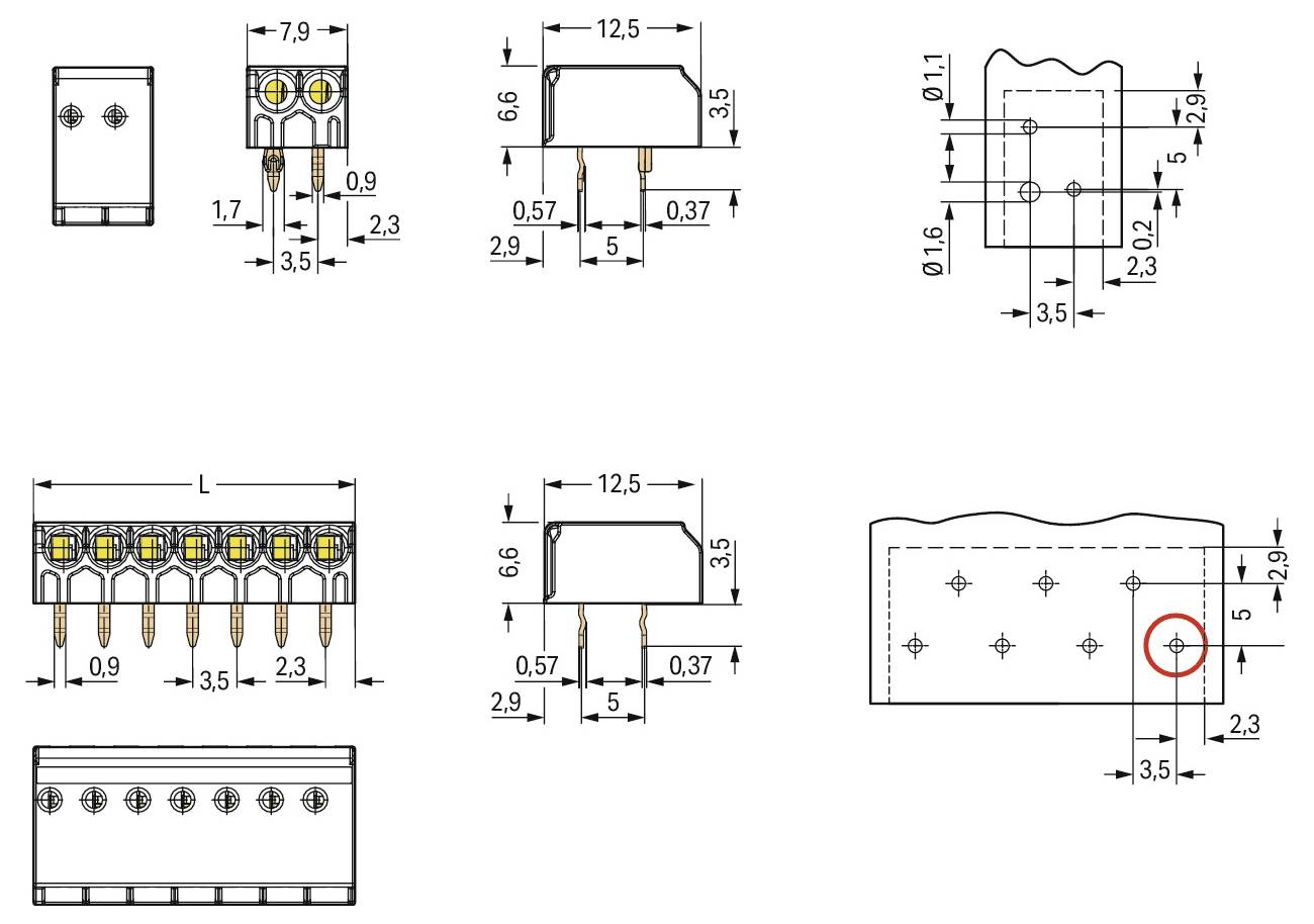 Technisches Diagramm einer elektrischen Komponente mit Abmessungen: Mehrere Ansichten zeigen Messwerte für Breite, Abstände und Einzelheiten des Stiftlayouts.