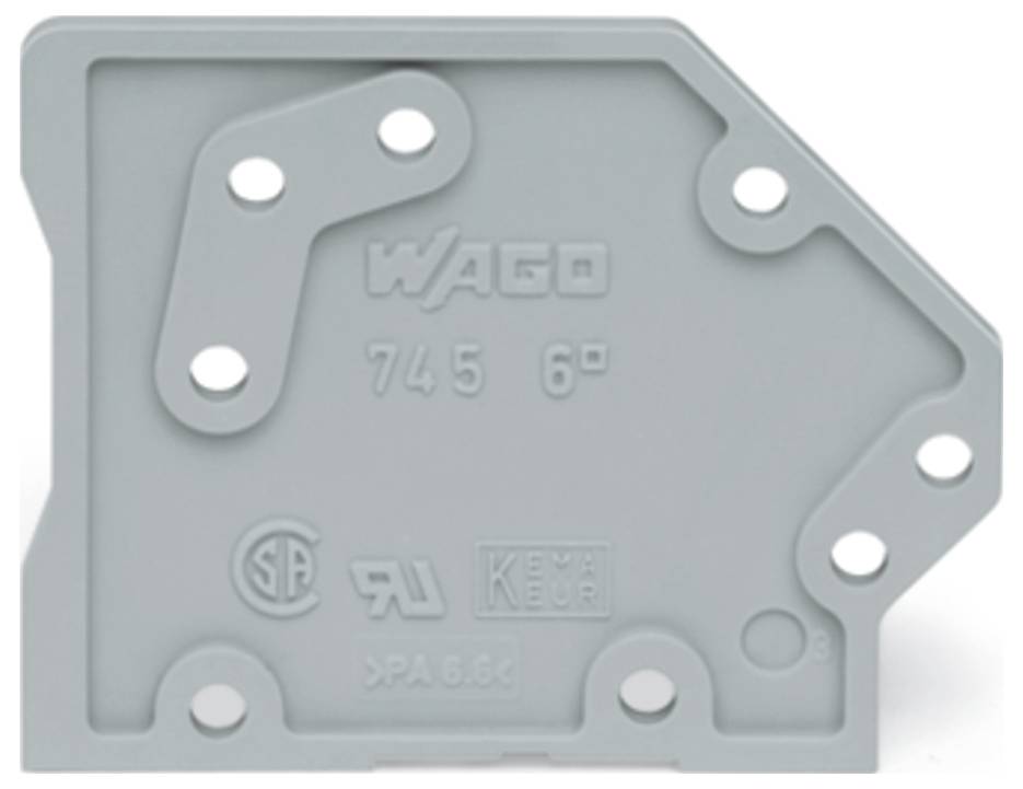 Eine graue WAGO-Montagebasis mit mehreren Löchern für elektrische Anschlüsse, beschriftet mit Produktdetails und Zertifizierungen.