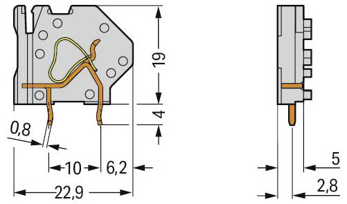 Seiten- und Frontansicht eines technischen Schaltplans einer mechanischen Komponente mit gekennzeichneten Abmessungen, die Dimensionen und Verbindungspunkte hervorhebt.