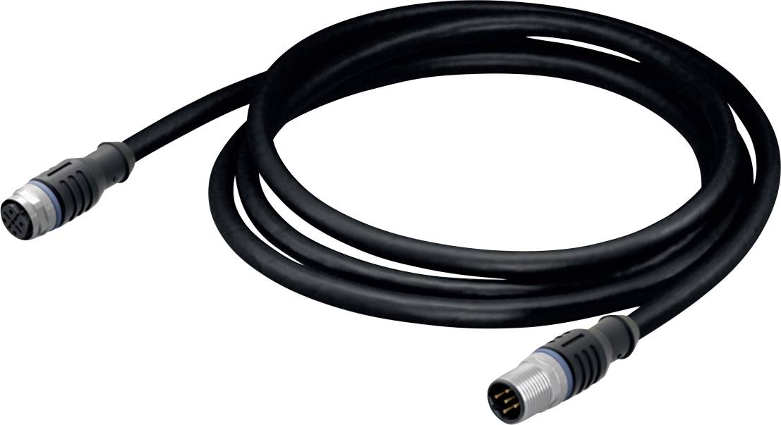 Ein aufgerolltes schwarzes Kabel mit kreisförmigen Steckverbindern an beiden Enden, geeignet für Daten- oder audiovisuelle Verbindungen.