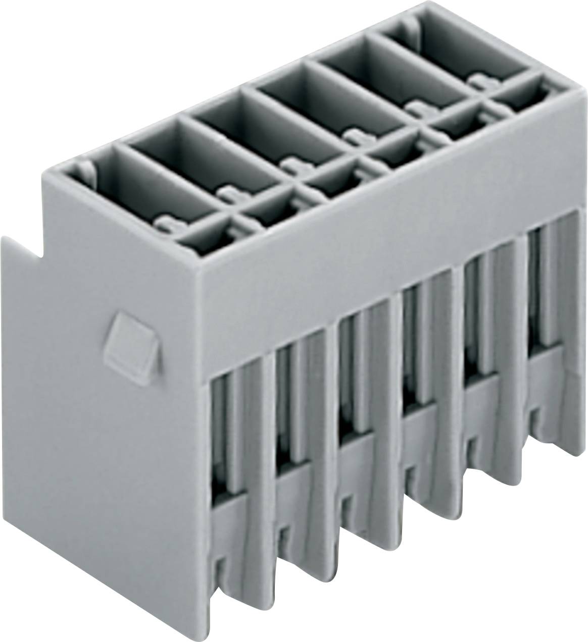 Ein grauer rechteckiger Elektrostecker mit mehreren Schlitzen.