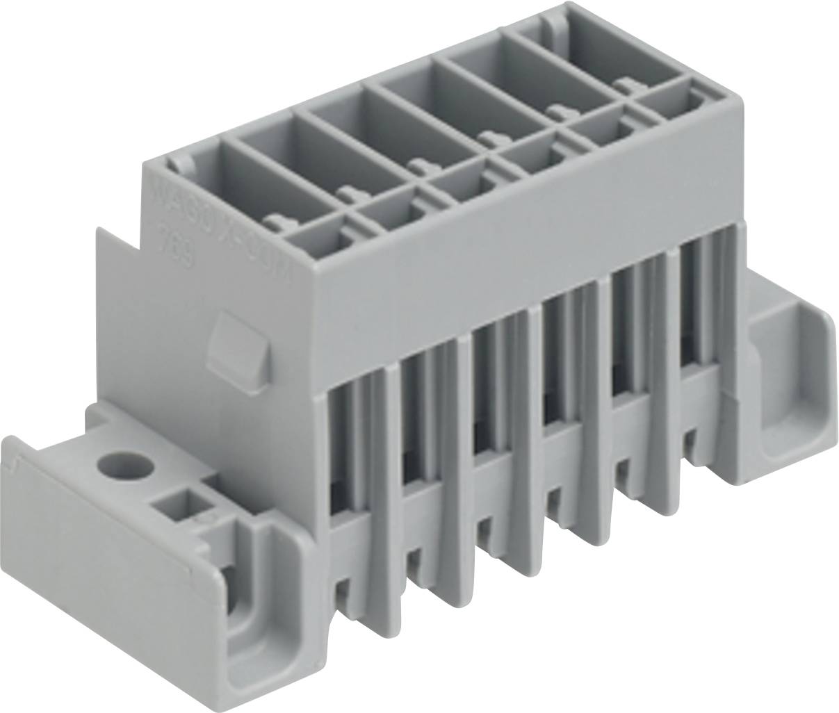 Ein graues Kunststoff-Klemmleistenblock mit mehreren Schlitzen, das für elektrische Verbindungen verwendet wird. Das Design weist mehrere vertikale Nuten auf.