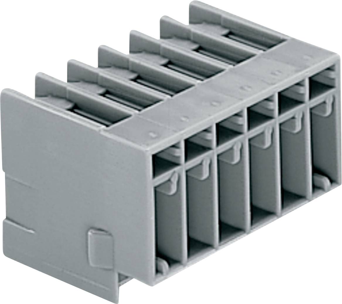 Ein grauer Elektrostecker-Block mit mehreren Schlitzen für Drahtverbindungen wird gezeigt, der zum Aufbau von Stromkreisen verwendet wird.