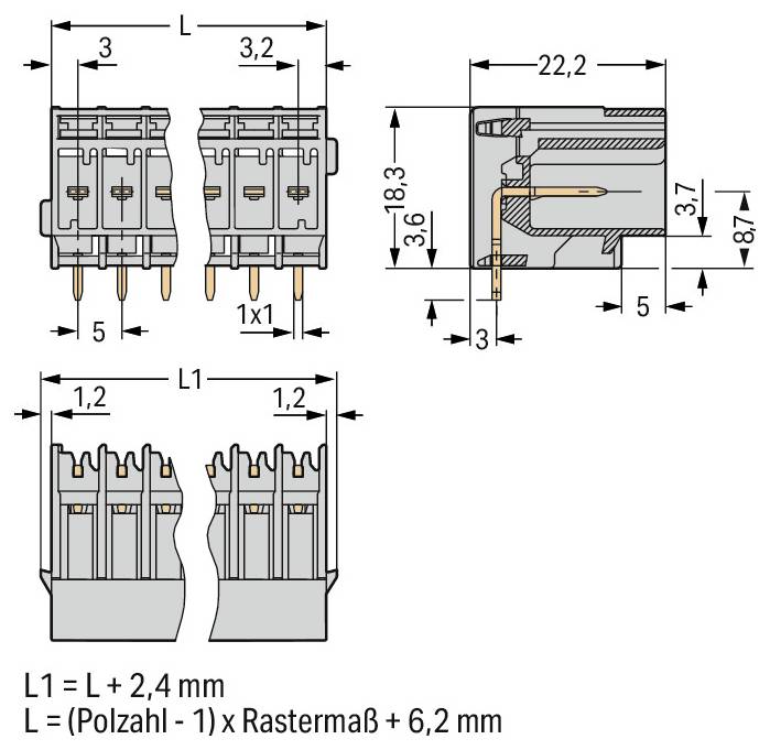 „Steckverbinder-Abmessungen und Layoutdiagramm mit detaillierten Maßen und Formel für L1 als L + 2,4 mm und L = (Polzahl - 1) x Rastermaß + 6,2 mm.