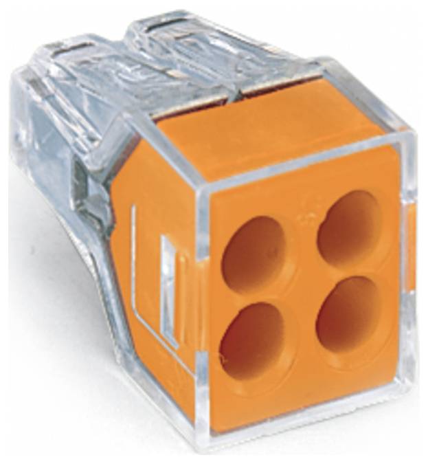 Ein durchsichtiger Kunststoff- und orangefarbener Steckklemmen-Verbinder mit vier Löchern für elektrische Leitungsverbindungen.