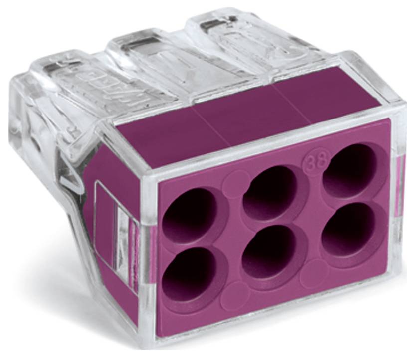 A purple and transparent wire connector with six slots for inserting wires, used for connecting electrical wires securely.