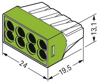 Illustration eines elektrischen Steckers mit Abmessungen: 24 mm Breite, 19,5 mm Tiefe und 13,1 mm Höhe, mit sechs kreisförmigen Anschlüssen.