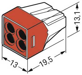 Eine Zeichnung eines roten Elektrosteckers mit Abmessungen: Breite 13 mm, Höhe 13,1 mm und Länge 19,5 mm. Er verfügt über vier kreisförmige Anschlüsse.